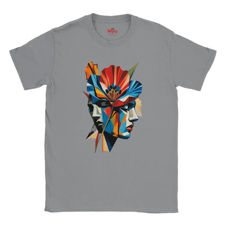 A sports grey abstract two face poppy T-shirt featuring colourful geometric portrait artwork in red, blue, yellow, black and cream.