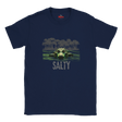 Navy blue t-shirt with a graphic of a turtle and 'Salty' text on a white background