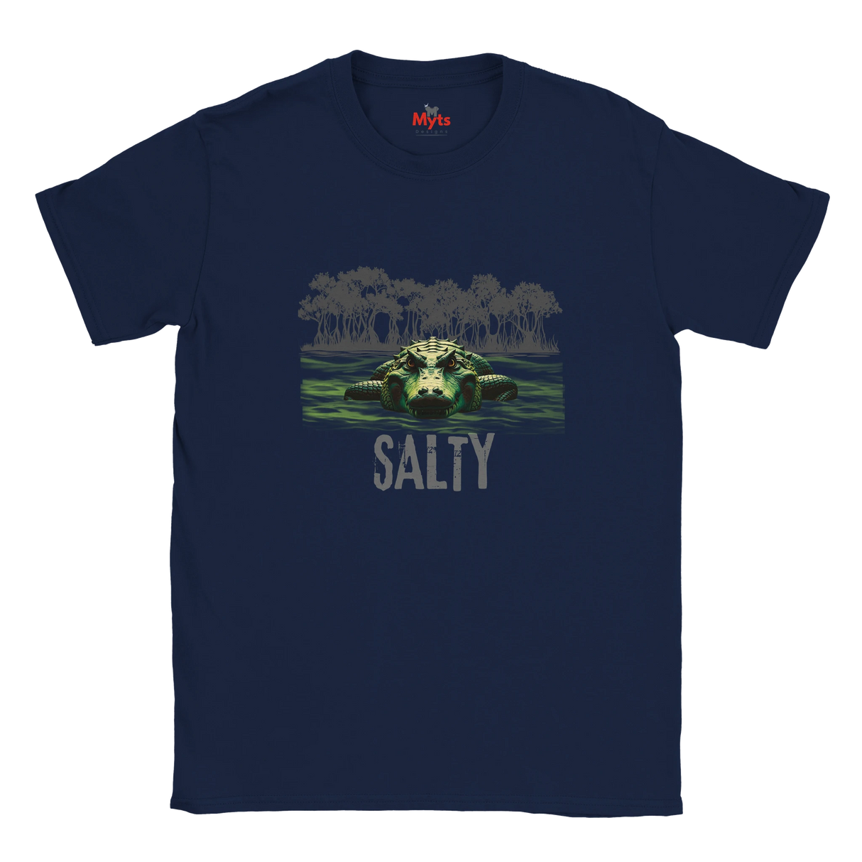 Navy blue t-shirt with a graphic of a turtle and 'Salty' text on a white background