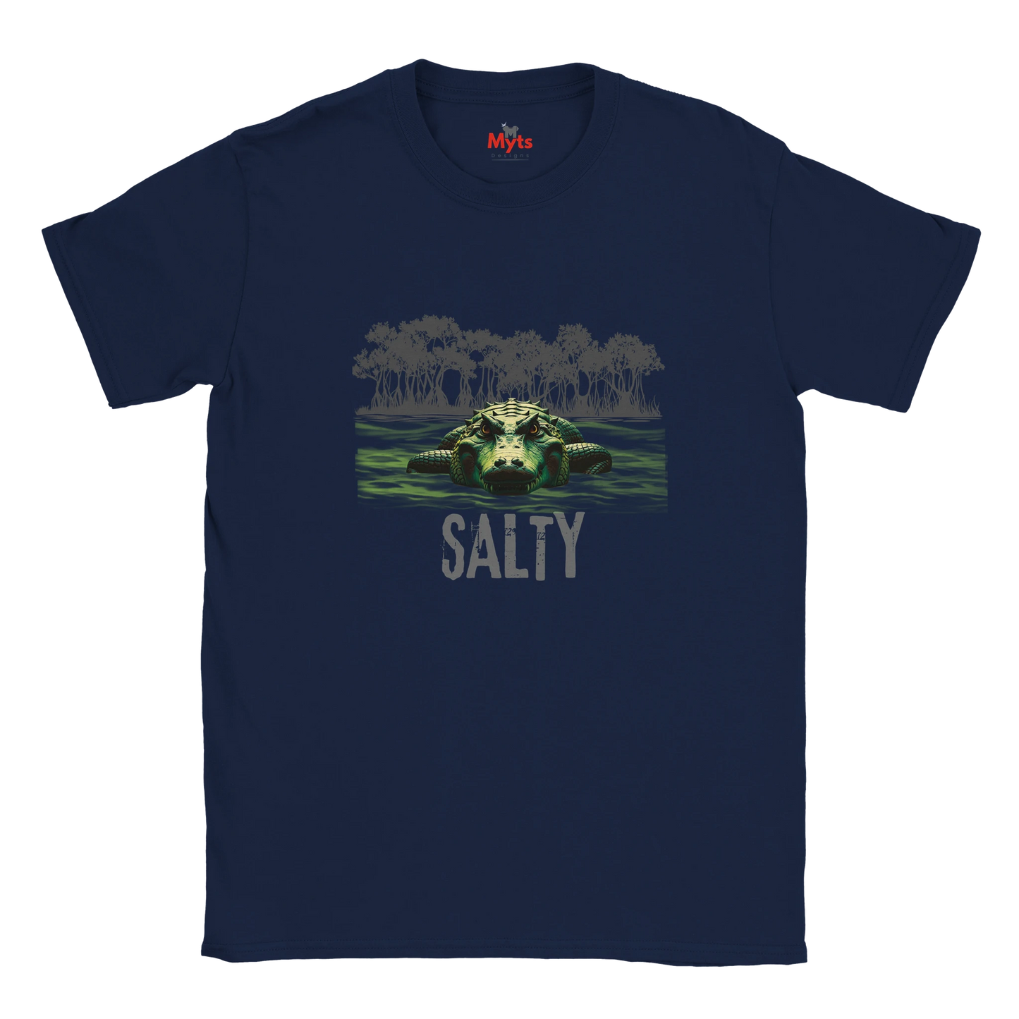 Navy blue t-shirt with a graphic of a turtle and 'Salty' text on a white background
