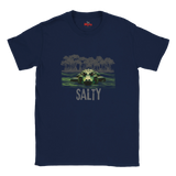 Navy blue t-shirt with a graphic of a turtle and 'Salty' text on a white background