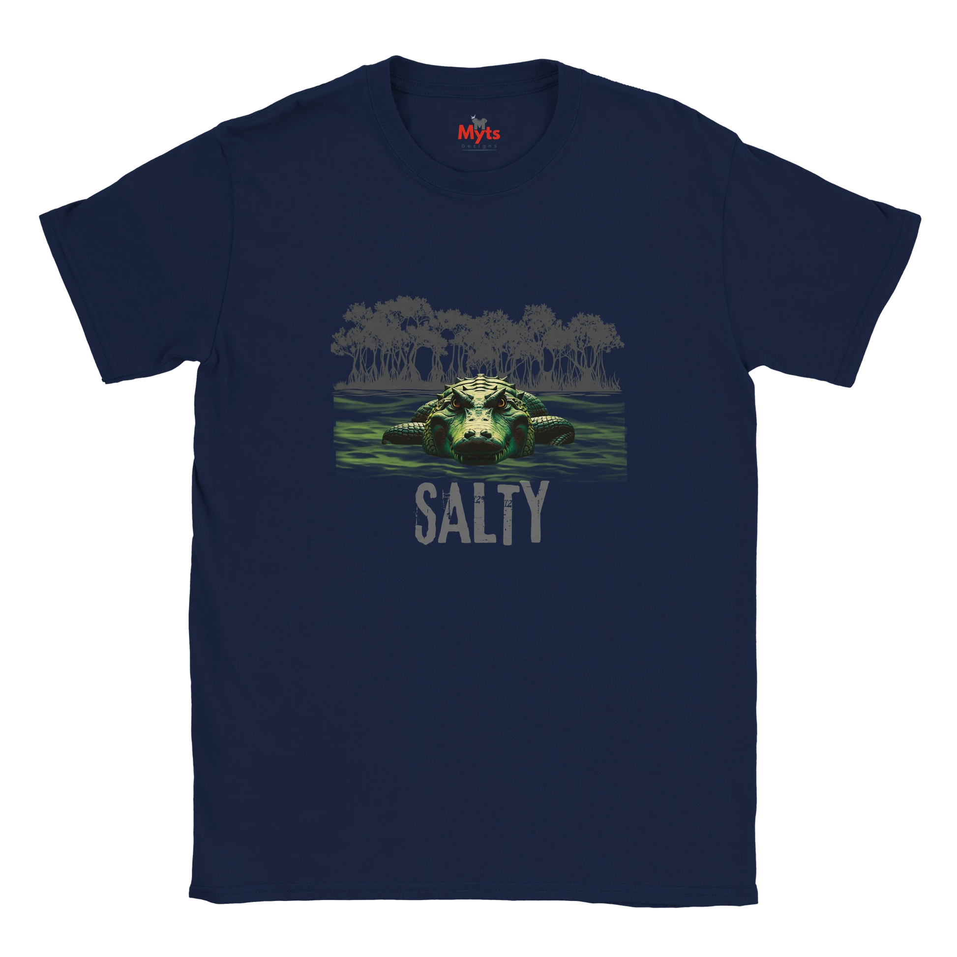Navy blue t-shirt with a graphic of a turtle and 'Salty' text on a white background