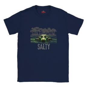 Navy blue t-shirt with a graphic of a turtle and 'Salty' text on a white background