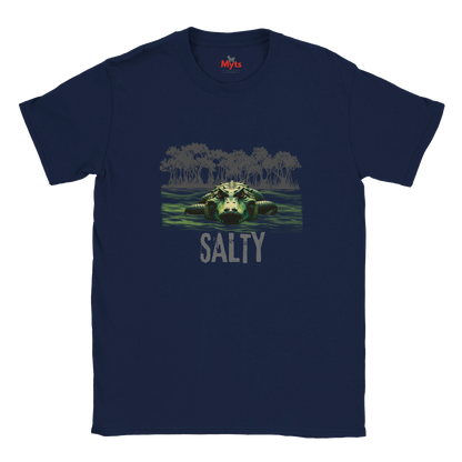 Navy blue t-shirt with a graphic of a turtle and 'Salty' text on a white background