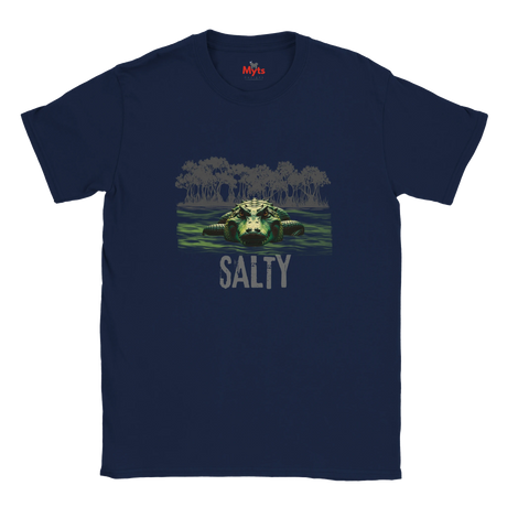 Navy blue t-shirt with a graphic of a turtle and 'Salty' text on a white background