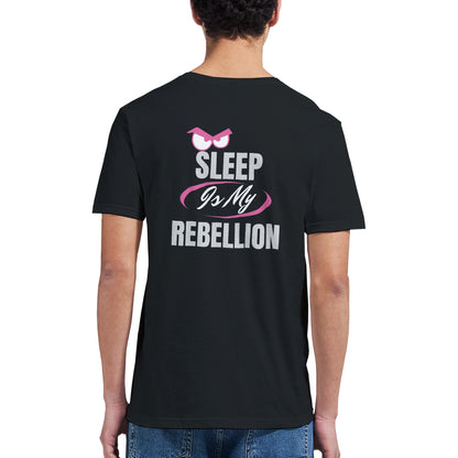 Black t-shirt with 'Sleep is my Rebellion' text on the back, worn by a person.