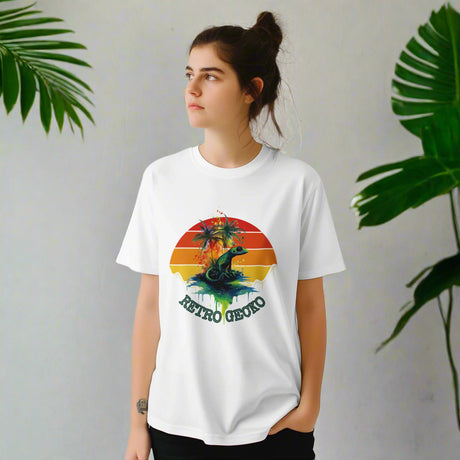 Retro gecko t-shirt with vintage sunset design and tropical lizard graphic on white cotton tee