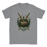 Gray t-shirt with a green shield and crossed swords design on a white background