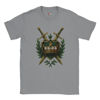 Gray t-shirt with a green shield and crossed swords design on a white background