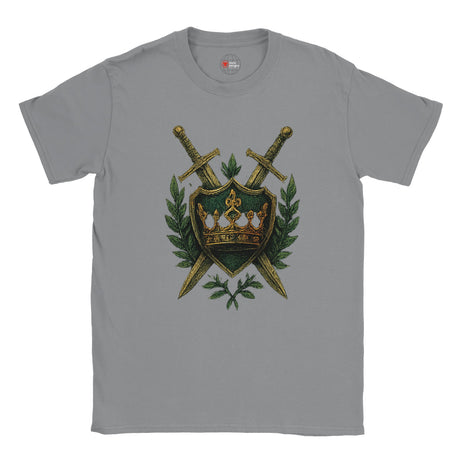 Gray t-shirt with a green shield and crossed swords design on a white background