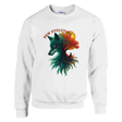 A white crewneck sweatshirt featuring a colorful graphic of a wolf's head merging with a tree and autumn leaves, with the text 'NEW EVOLUTION' above it. A Gildan brand tag is visible inside the collar.