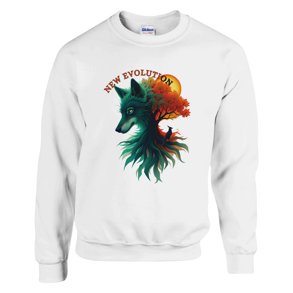 A white crewneck sweatshirt featuring a colorful graphic of a wolf's head merging with a tree and autumn leaves, with the text 'NEW EVOLUTION' above it. A Gildan brand tag is visible inside the collar.