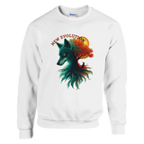 A white crewneck sweatshirt featuring a colorful graphic of a wolf's head merging with a tree and autumn leaves, with the text 'NEW EVOLUTION' above it. A Gildan brand tag is visible inside the collar.