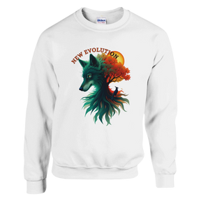 A white crewneck sweatshirt featuring a colorful graphic of a wolf's head merging with a tree and autumn leaves, with the text 'NEW EVOLUTION' above it. A Gildan brand tag is visible inside the collar.