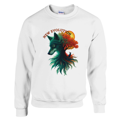 A white crewneck sweatshirt featuring a colorful graphic of a wolf's head merging with a tree and autumn leaves, with the text 'NEW EVOLUTION' above it. A Gildan brand tag is visible inside the collar.