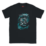 Black t-shirt with a blue graphic design on a white background