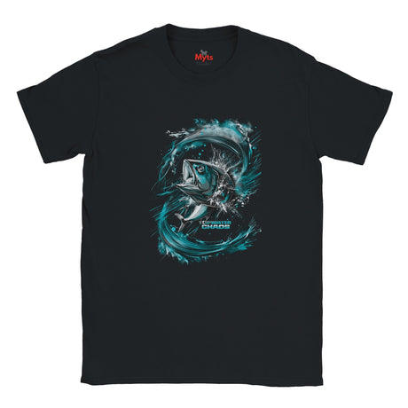 Black t-shirt with a blue graphic design on a white background