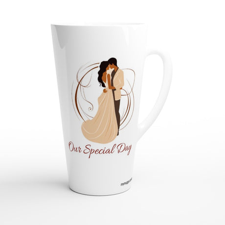 A white ceramic latte mug with a printed illustration of a bride and groom embracing, with the text 'Our Special Day' written below in red script.