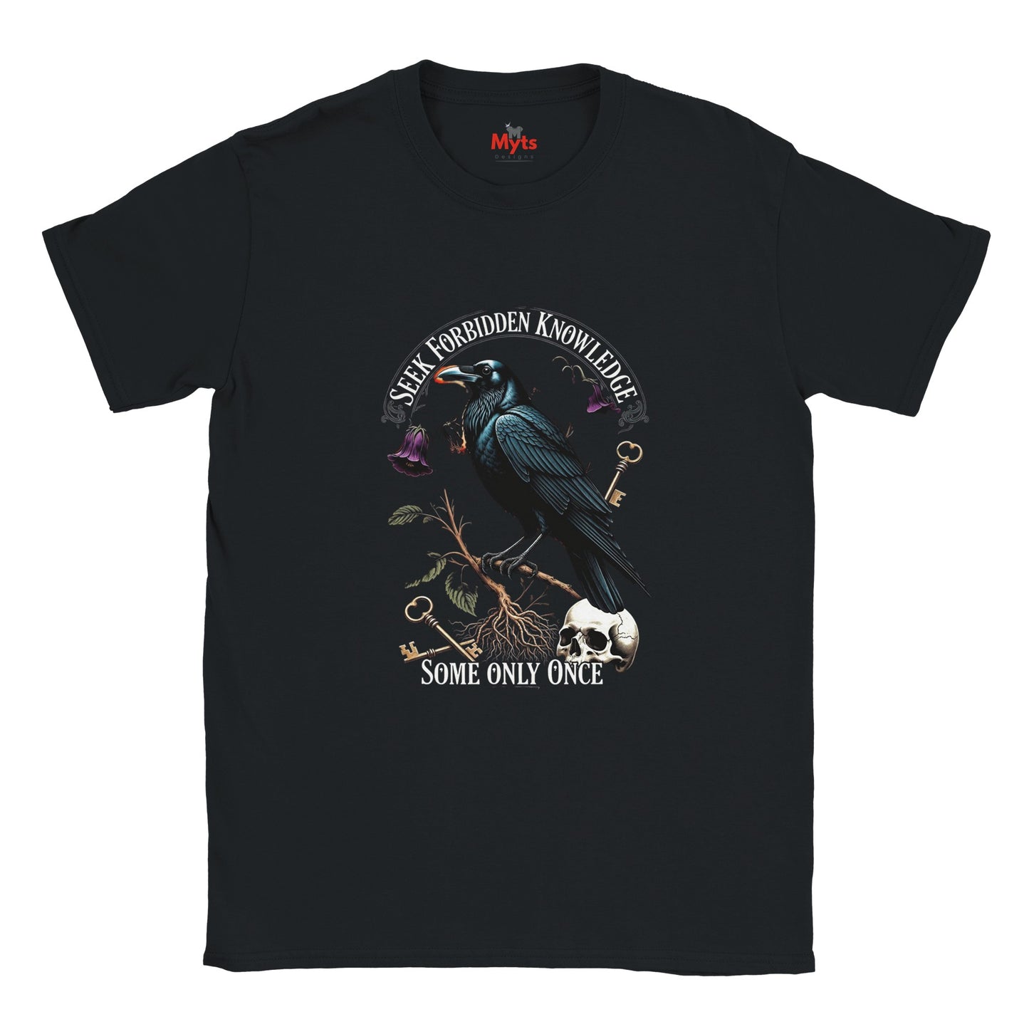 Black t-shirt with a crow and text design on a white background