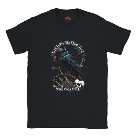 Black t-shirt with a crow and text design on a white background