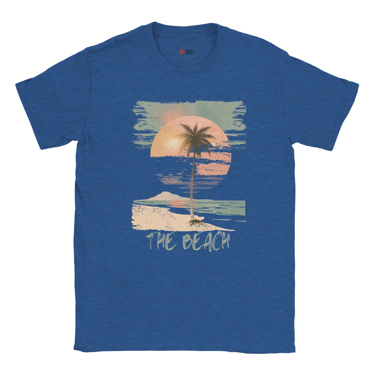 Front view of vintage beach T-shirt featuring palm trees and retro sunset graphic onheather royal cotton tee