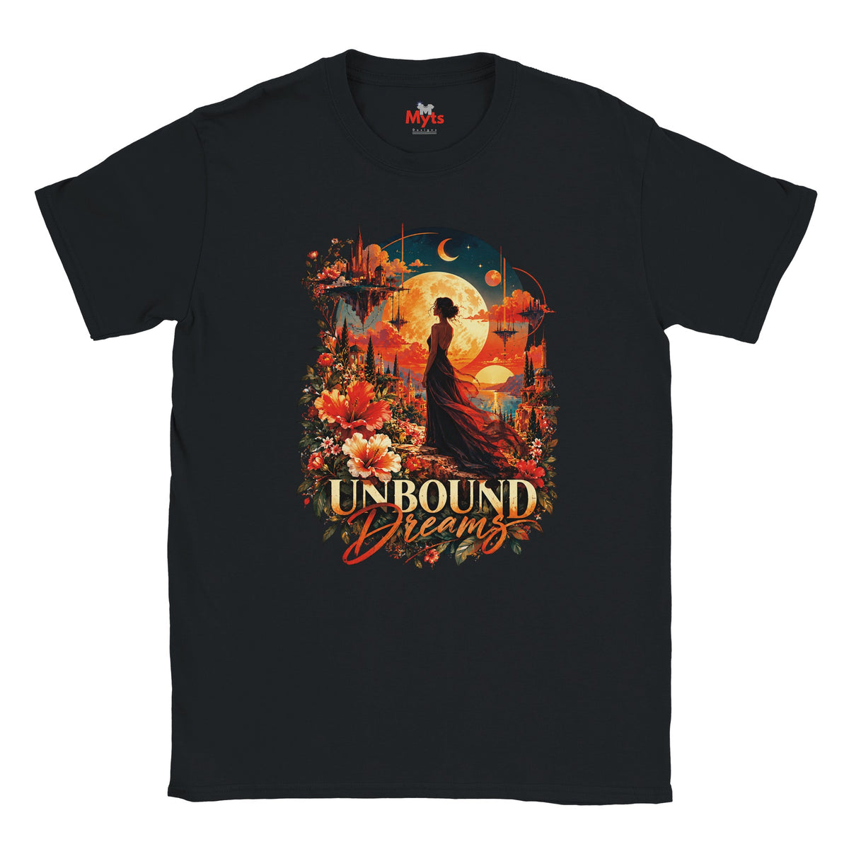 Black Unbound Dreams graphic T-shirt displayed against a textured grey studio background.