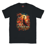 Black Unbound Dreams graphic T-shirt displayed against a textured grey studio background.