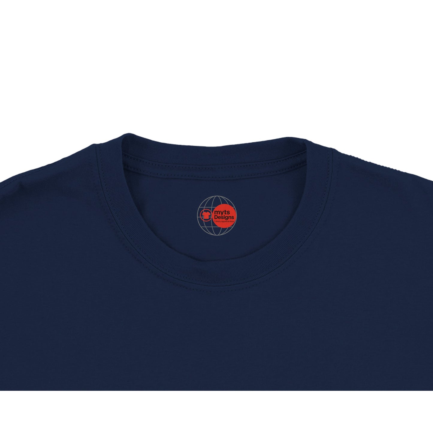 Navy blue t-shirt with a logo on the chest area against a white background