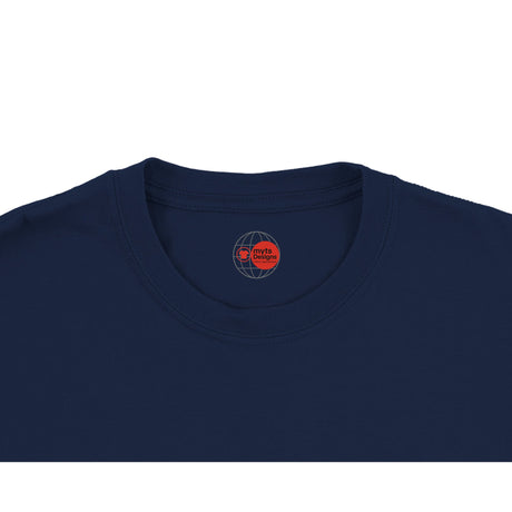 Navy blue t-shirt with a logo on the chest area against a white background