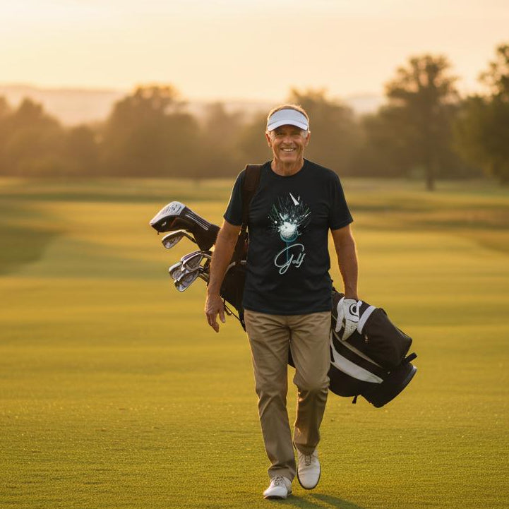 Man walking on a golf course with a golf bag at sunset
