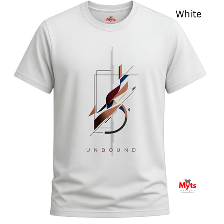A white short-sleeve crewneck t-shirt with a central abstract graphic featuring geometric shapes and the word 'UNBOUND' printed below. The brand name 'Myts' is visible on the inner neck label and as a watermark in the bottom right corner.