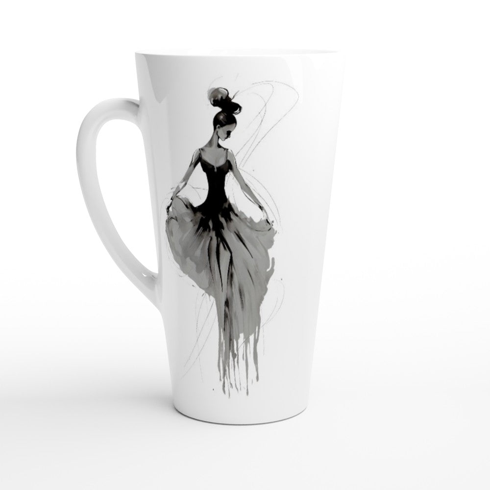 A white ceramic latte mug featuring a black and gray watercolor-style illustration of a woman in a flowing dress, shown on a clean white background.