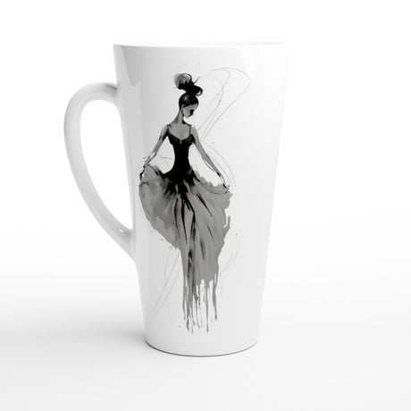A white ceramic latte mug featuring a black and gray watercolor-style illustration of a woman in a flowing dress, shown on a clean white background.