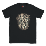 Black t-shirt with geometric design on a white background