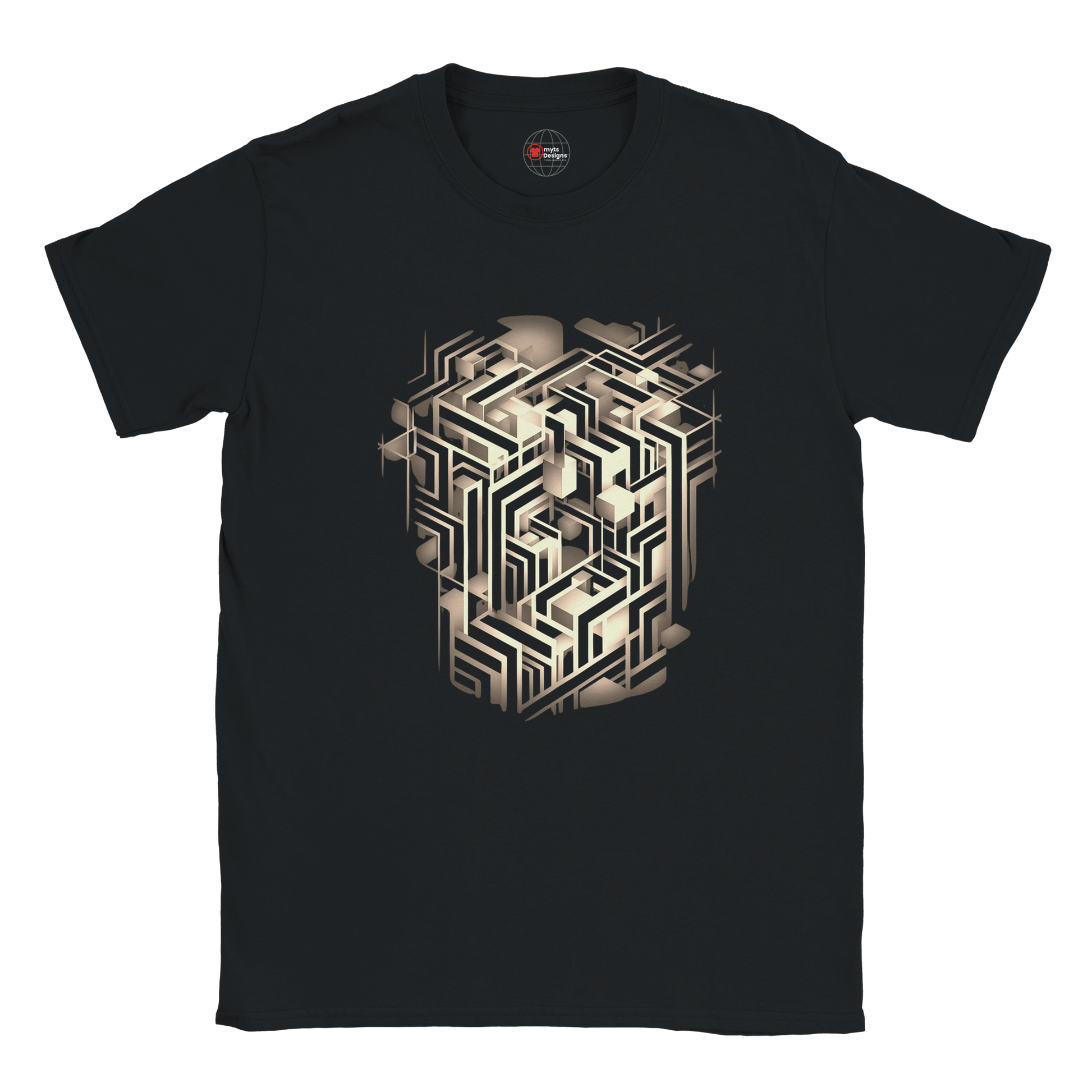 Black t-shirt with geometric design on a white background
