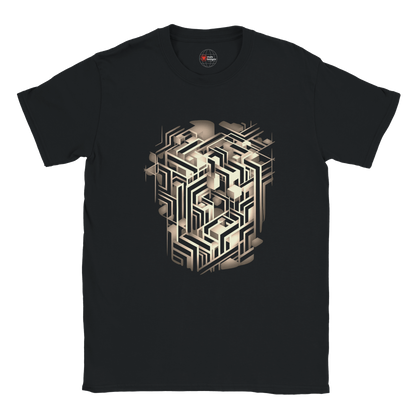 Black t-shirt with geometric design on a white background
