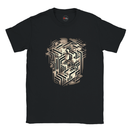 Black t-shirt with geometric design on a white background