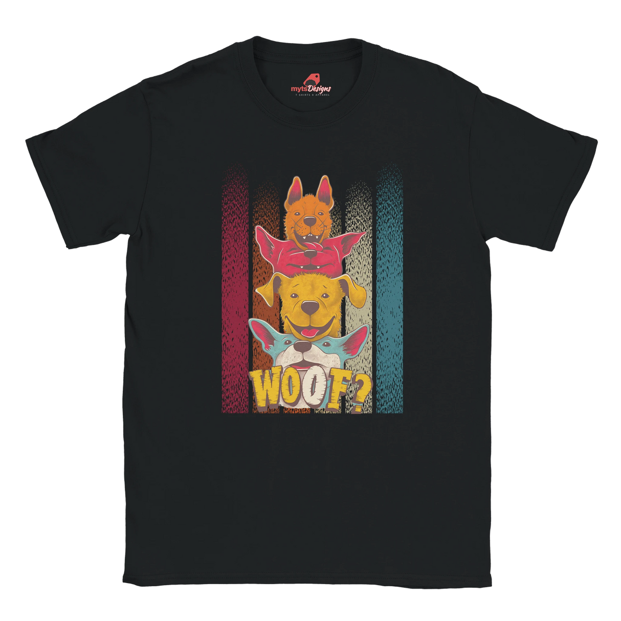 A flat lay black T-shirt featuring a playful graphic of four stacked colorful dogs in yellow, red, and blue tones with the word “Woof?” in bold, cartoonish text below.

