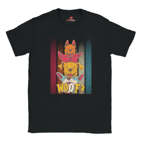 A flat lay black T-shirt featuring a playful graphic of four stacked colorful dogs in yellow, red, and blue tones with the word “Woof?” in bold, cartoonish text below.

