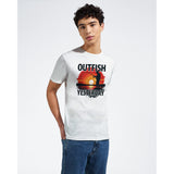 Person wearing a white t-shirt with 'Outfish Yesterday' design on a plain background