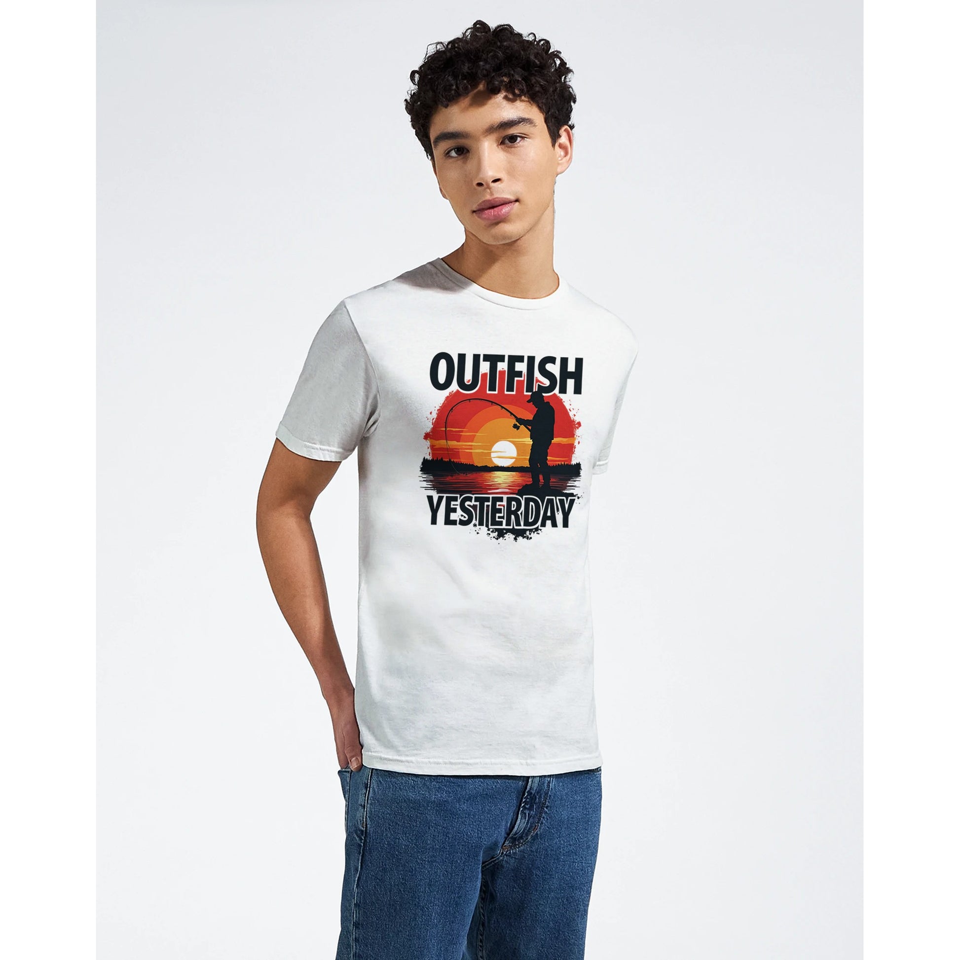 Person wearing a white t-shirt with 'Outfish Yesterday' design on a plain background