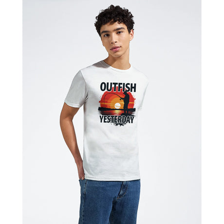Person wearing a white t-shirt with 'Outfish Yesterday' design on a plain background