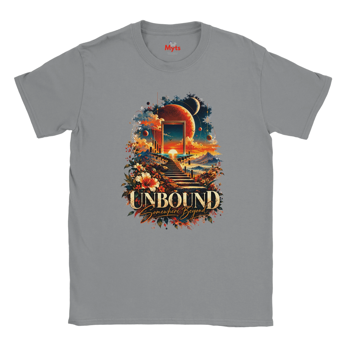 A Sports Grey flat-lay T-shirt with surreal space and floral design with the words in bold "Unbound" and in a script style below "Somewhere Beyond"