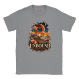 A Sports Grey flat-lay T-shirt with surreal space and floral design with the words in bold "Unbound" and in a script style below "Somewhere Beyond"