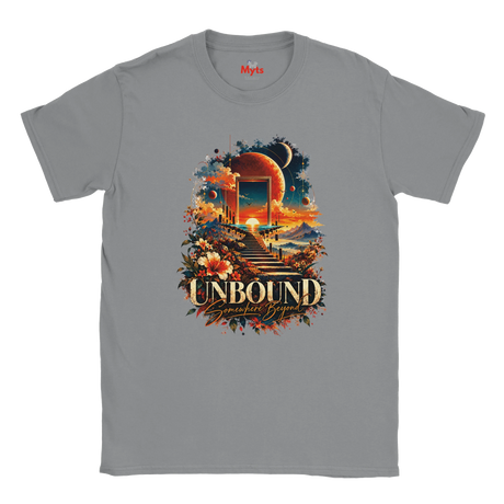 A Sports Grey flat-lay T-shirt with surreal space and floral design with the words in bold "Unbound" and in a script style below "Somewhere Beyond"