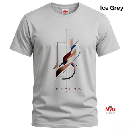 An ice grey short-sleeve t-shirt with a central abstract graphic in brown, orange, blue, and black, featuring the word 'UNBOUND' printed below. The brand 'Myts' is visible on the inner neck label and as a watermark in the bottom right corner.