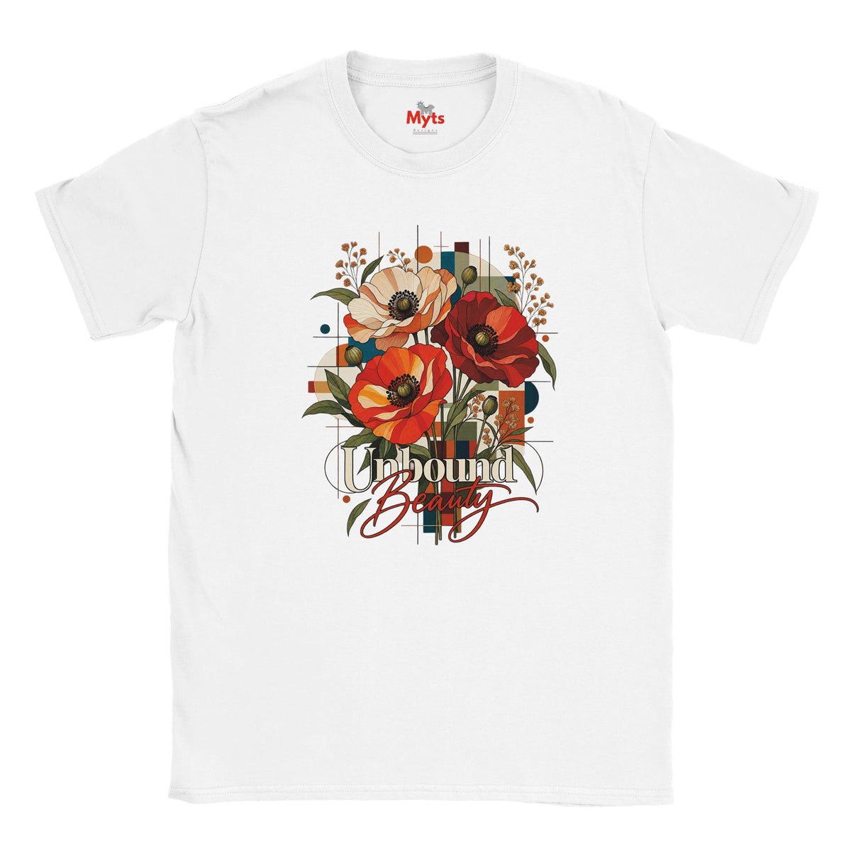 A white Unbound Beauty graphic T-shirt with red, orange and cream poppy flowers, geometric accents and retro typography.