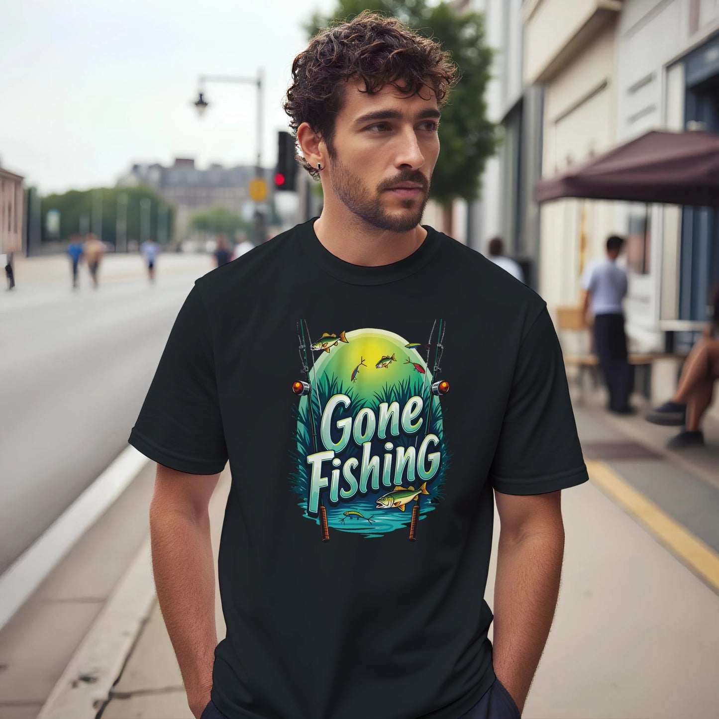 Man wearing a black t-shirt with 'Gone Fishing' graphic on a city street.