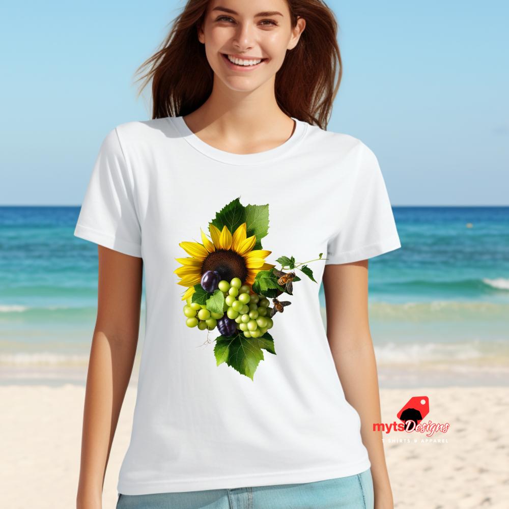 Woman wearing a white t-shirt with a sunflower and fruit design on a beach.