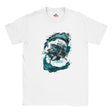 White t-shirt with a shark graphic design on a white background